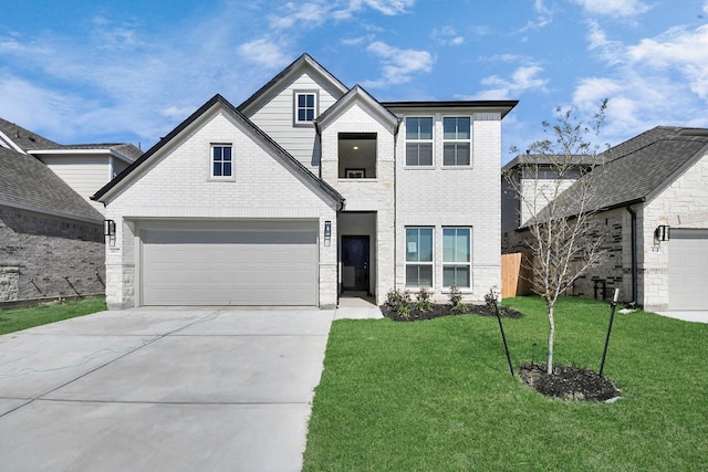 traditional home featuring a front lawn, brick siding, and driveway