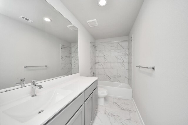 full bathroom with visible vents, toilet, marble finish floor, baseboards, and vanity