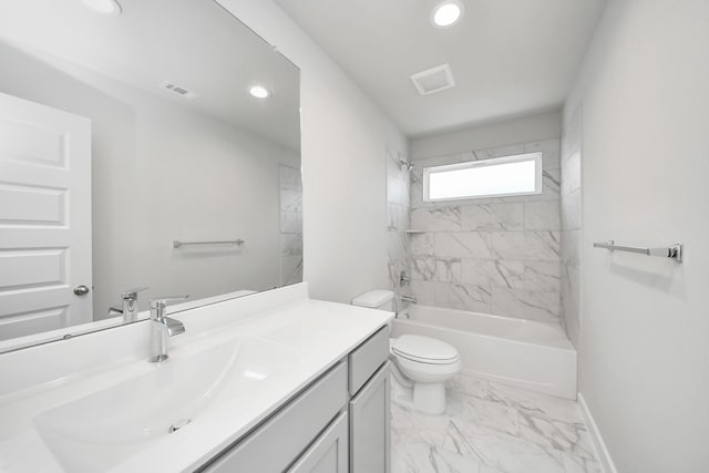 bathroom featuring visible vents, toilet, marble finish floor, baseboards, and vanity