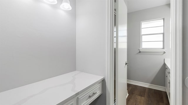 bathroom with wood-type flooring and vanity