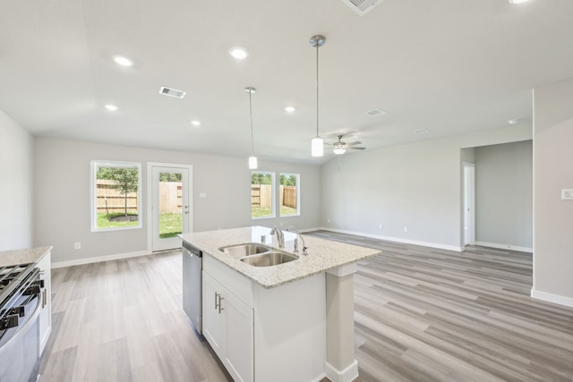 kitchen with plenty of natural light, light hardwood / wood-style floors, sink, and stainless steel appliances