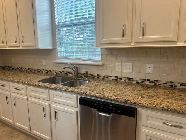 kitchen with white cabinets, dishwasher, sink, and decorative backsplash