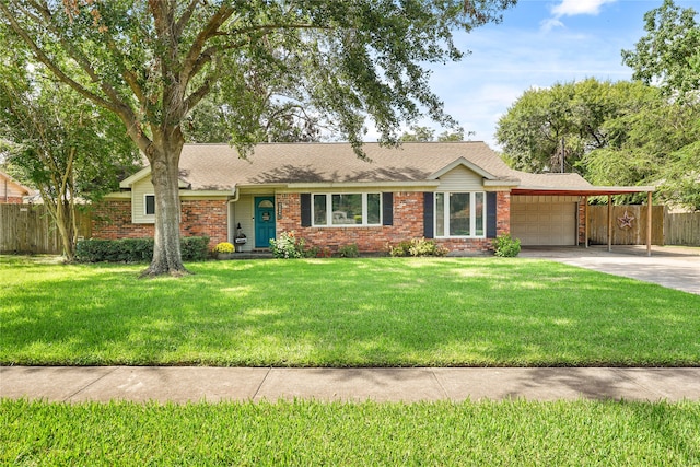 ranch-style house with a carport, a garage, and a front yard