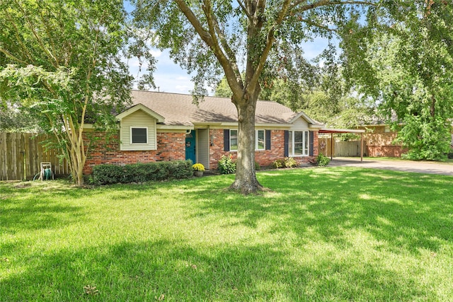 ranch-style home with a carport and a front yard