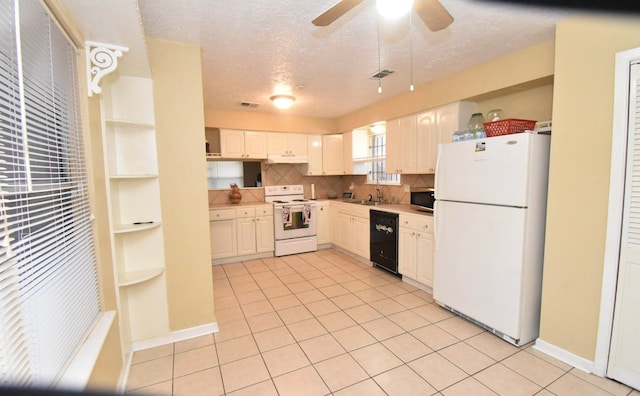 kitchen with light tile patterned floors, white appliances, ceiling fan, and tasteful backsplash