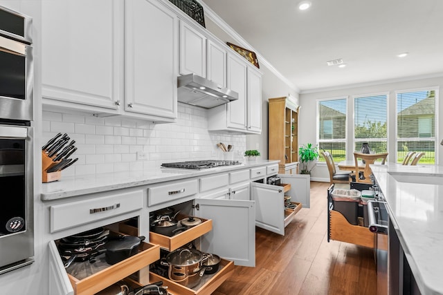 kitchen with white cabinetry, light stone counters, dark hardwood / wood-style flooring, stainless steel appliances, and ornamental molding