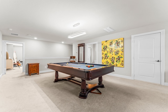 game room with light carpet and billiards