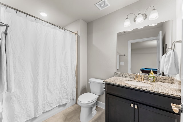 full bathroom with tile patterned flooring, vanity, toilet, and shower / bathtub combination with curtain