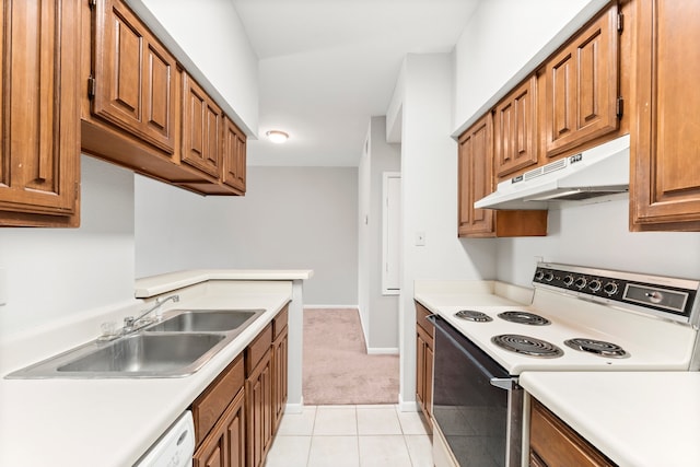 kitchen with light carpet, sink, and white appliances