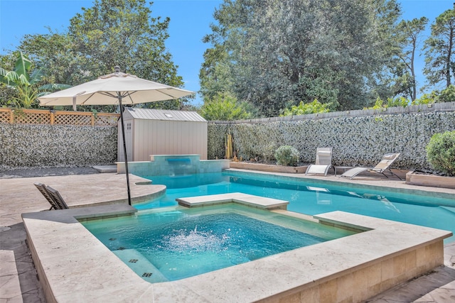 331 Cypresswood Dr, Spring, TX 77388 - view of pool featuring a shed, a fenced backyard, an outdoor structure, and a pool with connected hot tub