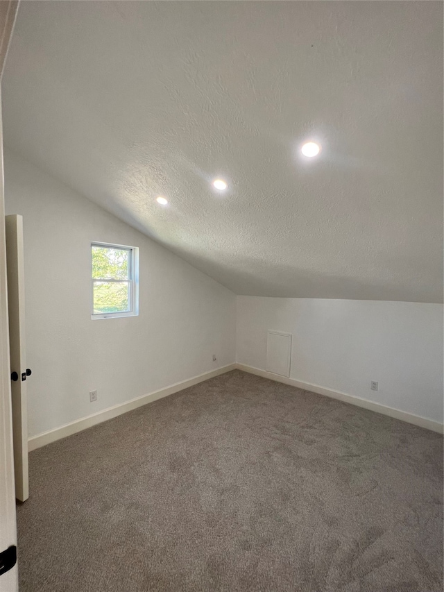 additional living space with a textured ceiling, dark colored carpet, and vaulted ceiling