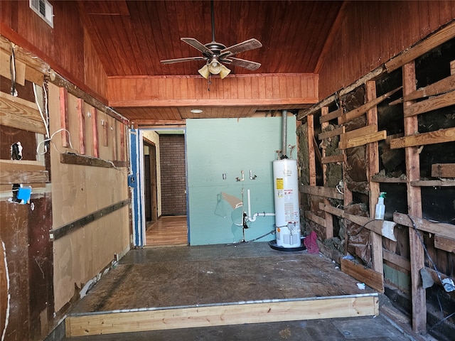 interior space featuring wood ceiling, water heater, and ceiling fan