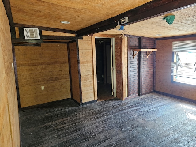 unfurnished bedroom featuring wooden walls, wooden ceiling, and dark hardwood / wood-style flooring