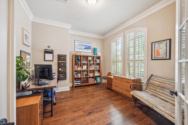 office with dark hardwood / wood-style floors and crown molding