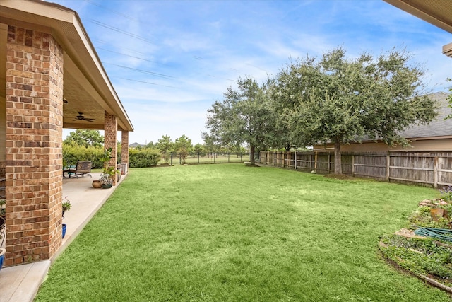 view of yard with ceiling fan and a patio