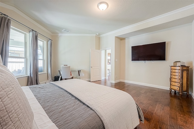 bedroom featuring a textured ceiling, dark hardwood / wood-style floors, and ornamental molding