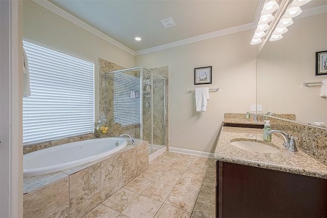 bathroom featuring a chandelier, crown molding, vanity, and separate shower and tub