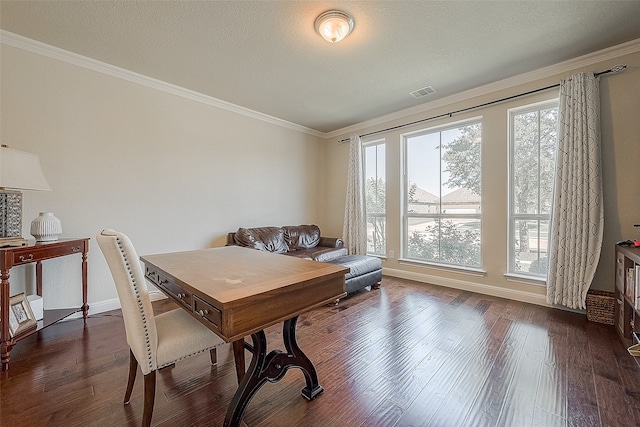 dining room with ornamental molding, a textured ceiling, and dark hardwood / wood-style flooring