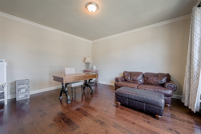 office space featuring a textured ceiling, ornamental molding, and dark hardwood / wood-style flooring