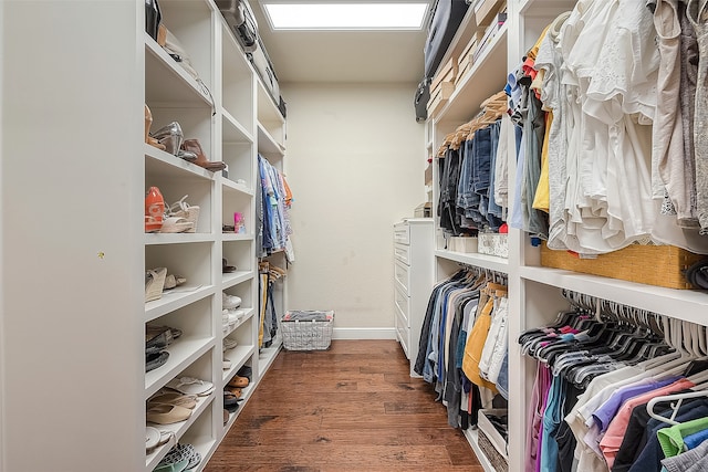 walk in closet with dark hardwood / wood-style flooring