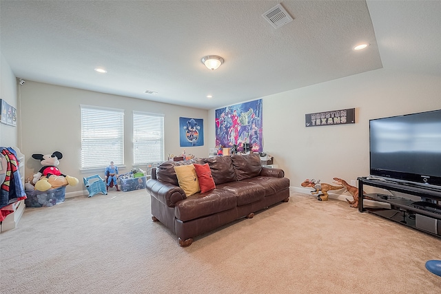 carpeted living room featuring a textured ceiling