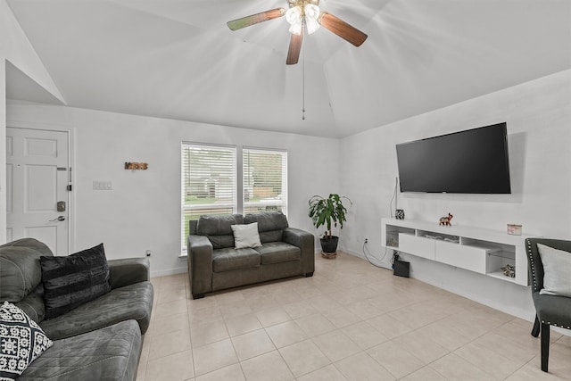 tiled living room with vaulted ceiling and ceiling fan