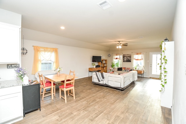 interior space with ceiling fan, light hardwood / wood-style floors, and a healthy amount of sunlight