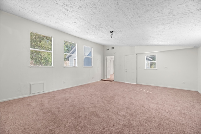 spare room featuring a textured ceiling, lofted ceiling, and carpet flooring