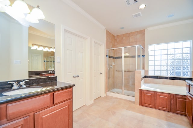 bathroom featuring ornamental molding, tile patterned flooring, vanity, and separate shower and tub