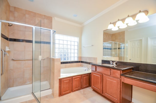 bathroom with ornamental molding, tile patterned flooring, vanity, and separate shower and tub