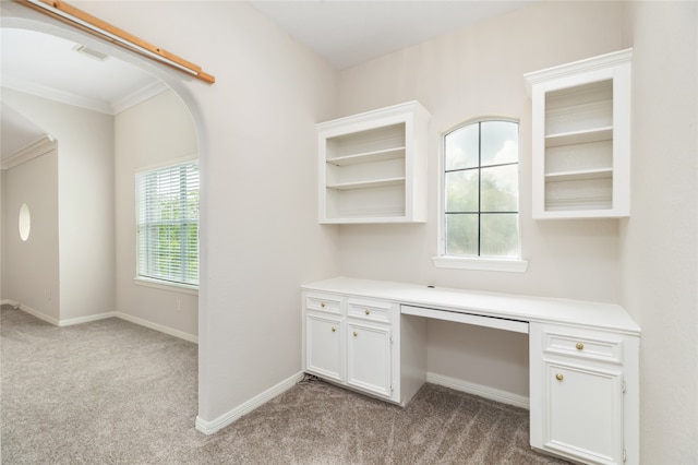 unfurnished office with light carpet, built in desk, and crown molding