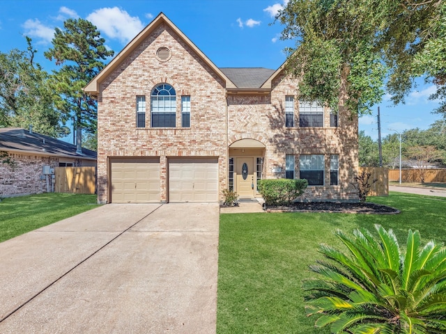 view of front of property featuring a garage and a front lawn