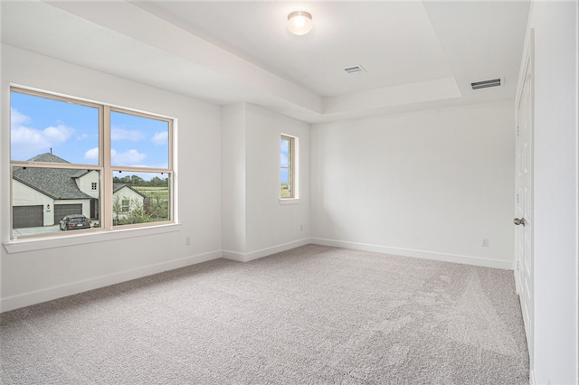 spare room featuring a tray ceiling and carpet flooring