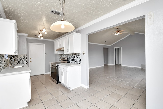 kitchen featuring white cabinetry, sink, ceiling fan, crown molding, and stainless steel electric stove