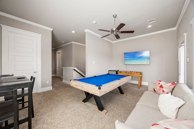 recreation room with ornamental molding, pool table, ceiling fan, and carpet flooring