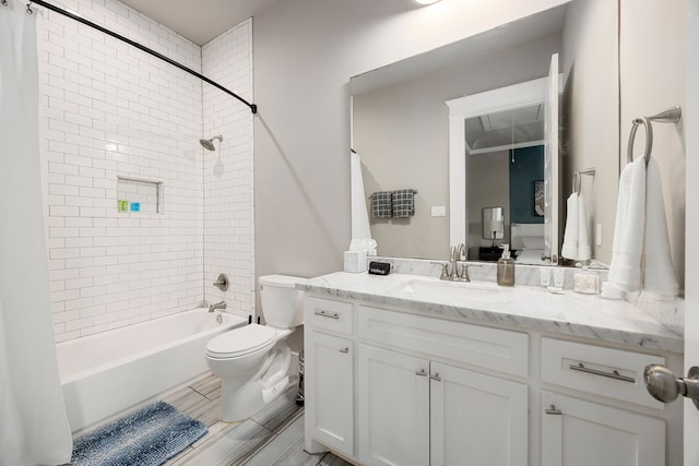 full bathroom with vanity, toilet, and shower / bath combination with curtain