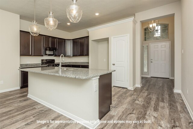 kitchen featuring black appliances, a kitchen island with sink, wood-type flooring, and light stone counters