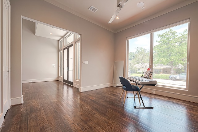 interior space featuring ornamental molding, plenty of natural light, and dark hardwood / wood-style flooring