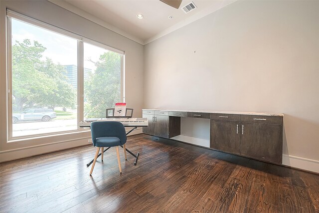 home office featuring dark hardwood / wood-style floors, ornamental molding, and a wealth of natural light