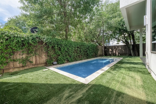 view of swimming pool featuring a lawn