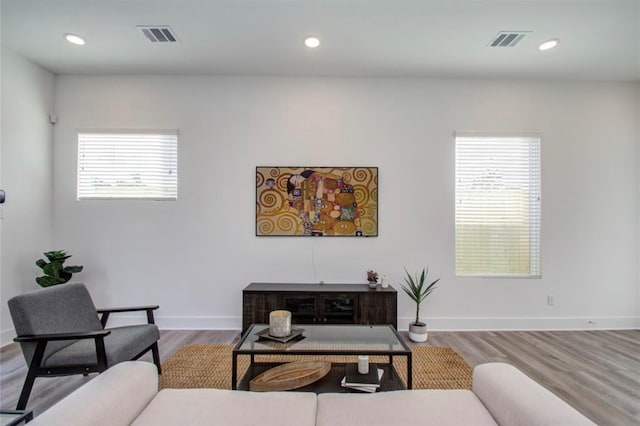 living room with a wealth of natural light and light hardwood / wood-style floors