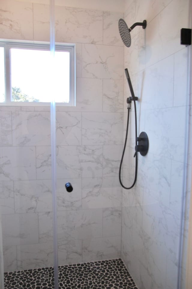 bathroom with a shower with shower door