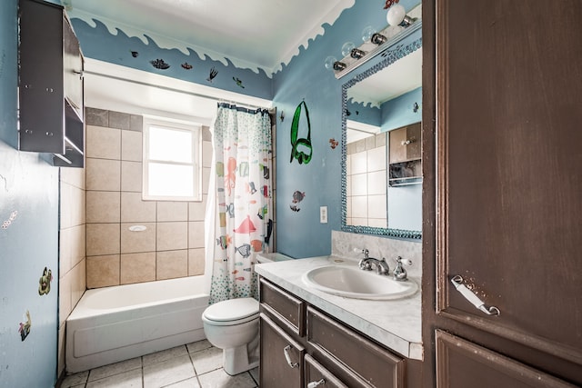 full bathroom featuring shower / bath combination with curtain, vanity, toilet, and tile patterned floors