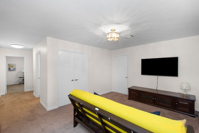 carpeted bedroom with a textured ceiling and a closet