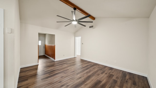 spare room with ceiling fan, lofted ceiling with beams, and dark wood-type flooring