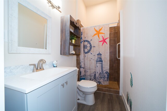 bathroom with wood-type flooring, vanity, toilet, and curtained shower