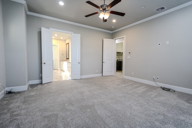 unfurnished bedroom with crown molding, ceiling fan, and light colored carpet