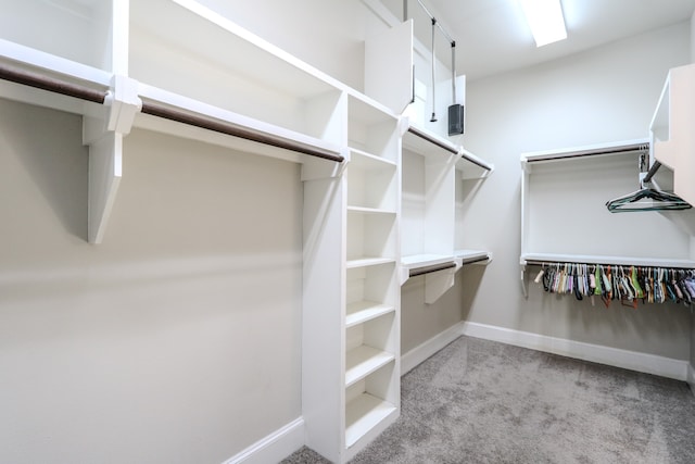 walk in closet featuring light carpet