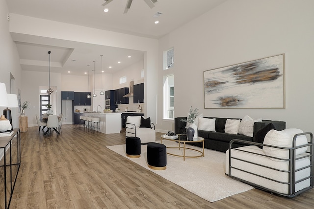 living room featuring a towering ceiling, light hardwood / wood-style floors, and sink