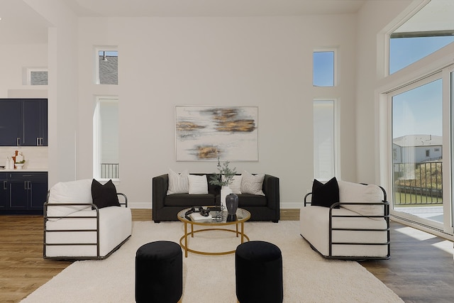 living room with hardwood / wood-style floors and a towering ceiling